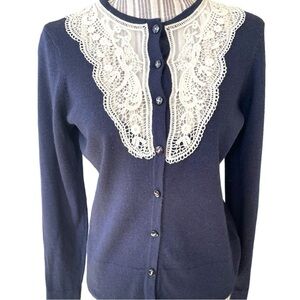 Sarah Spencer sweater, size M, Marino wool, lace details, navy blue, vintage